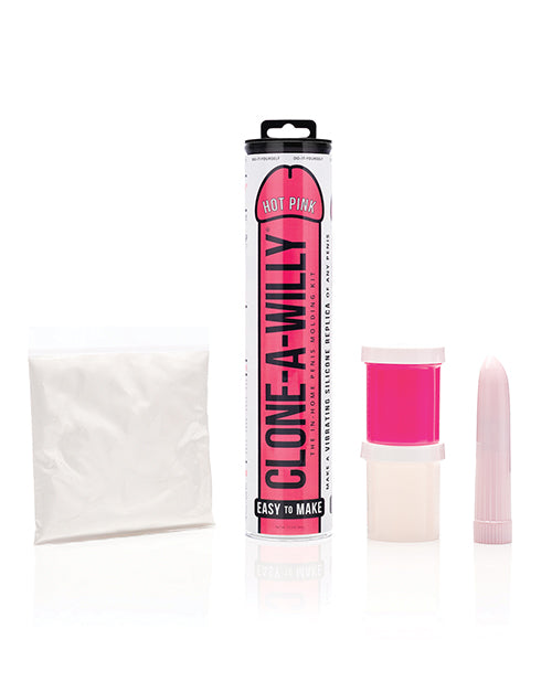 Clone-A-Willy product set with packaging, applicator, and pink material on a white background