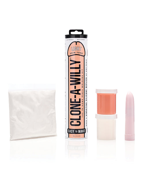 Clone-A-Willy product set with packaging, applicator, and makeup on a white background