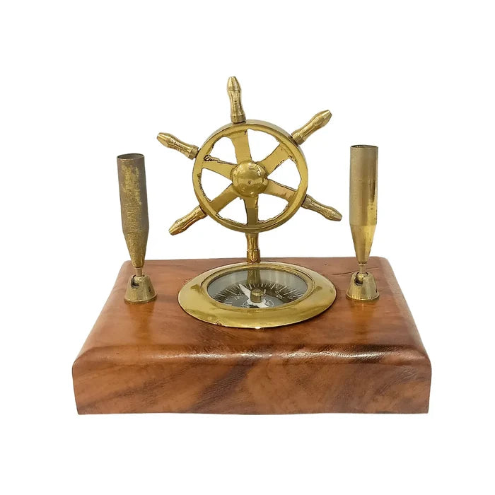 Compass With Wood Ship Wheel And Pen Holder BCPH0111