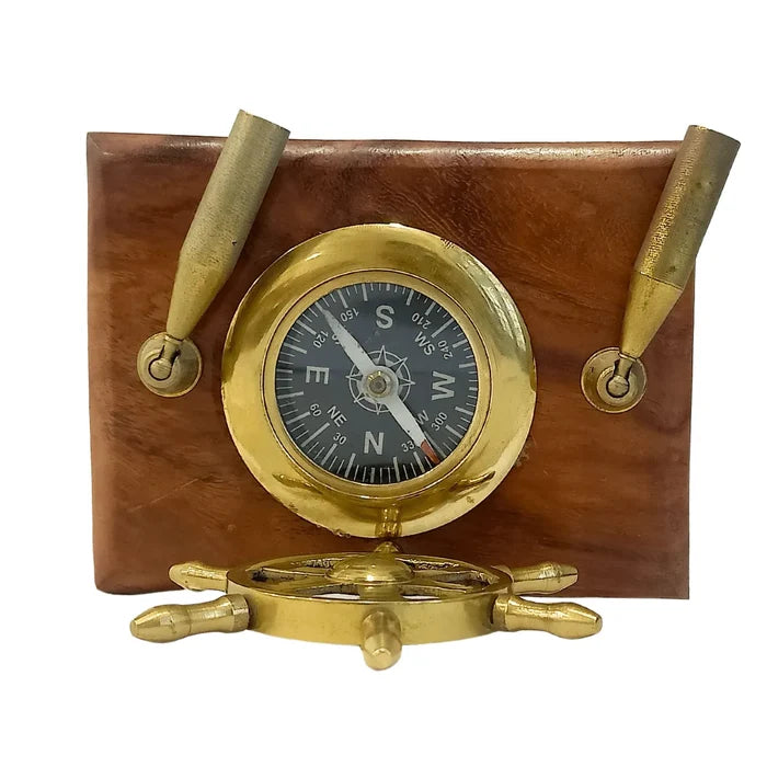 Compass With Wood Ship Wheel And Pen Holder BCPH0111
