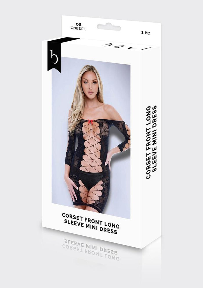 Corset Front Long Sleeve Mini Dress