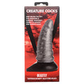 Package of 'Beastly' tapered bumpy silicone dildo with red and black design
