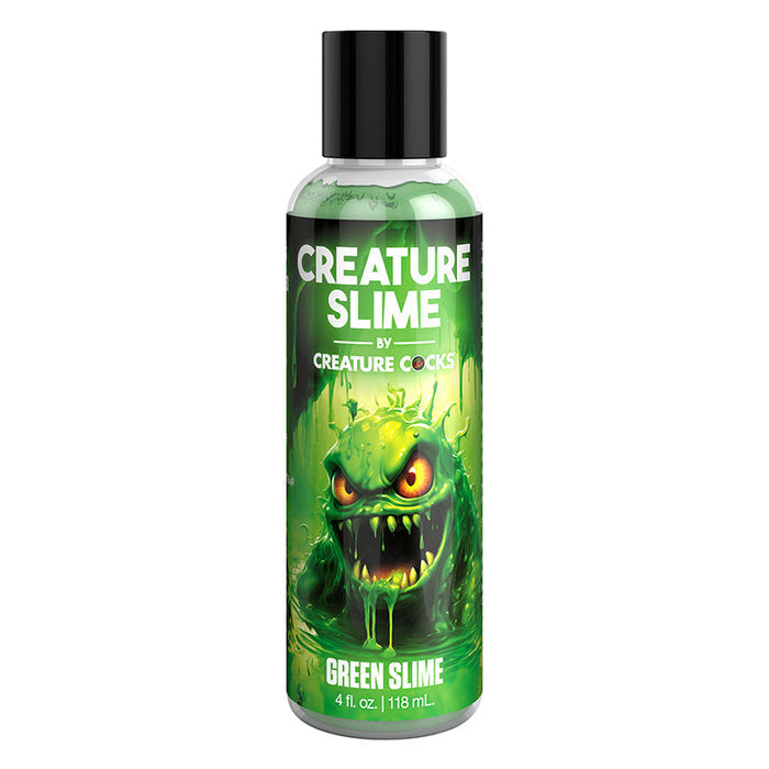 Bottle of 'Creature Slime' with a green monster design on a white background