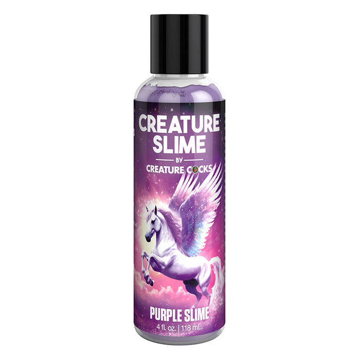 Bottle of 'Creature Slime' with a purple label featuring a winged horse on a white background