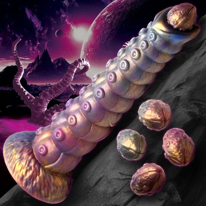 Futuristic alien creature with a planet and mountain in the background