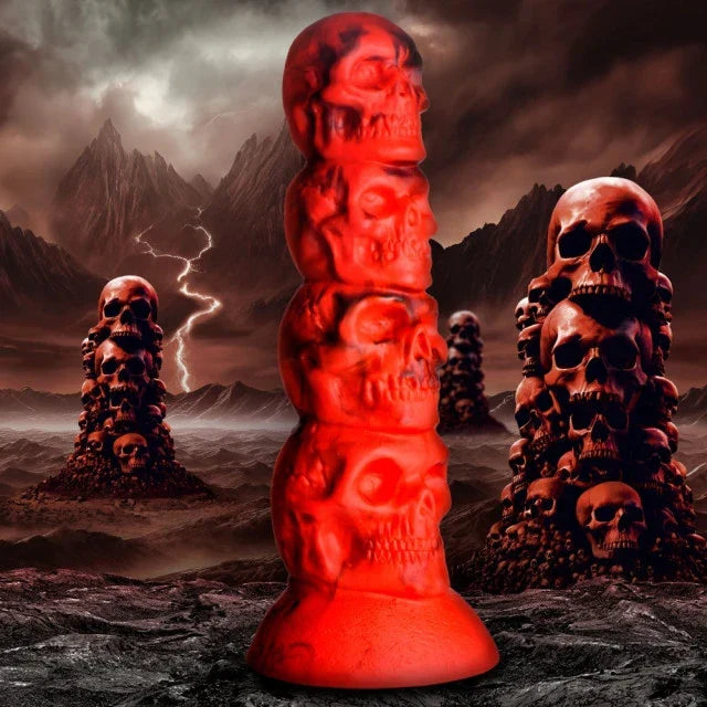 Red skull-shaped objects against a dark, mountainous landscape with lightning.