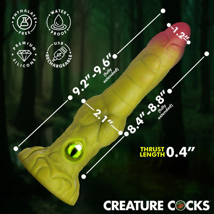 Sexual product with measurements and brand name on a dark background