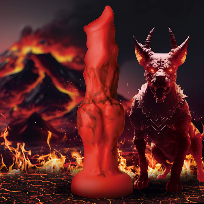 Red figurine of a woman and a creature with horns against a fiery background