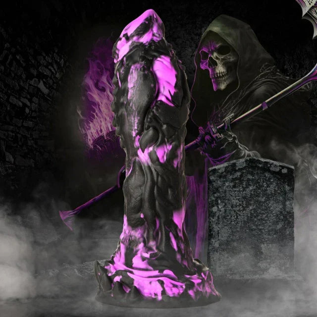 Grim Reaper figure with purple accents on a dark background