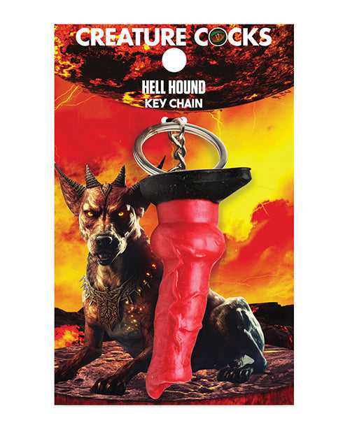 Keychain with a dog design on a fiery background, labeled 'Hell Hound'.