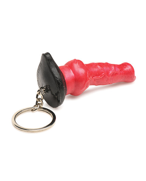 Red and black keychain with a unique design on a white background
