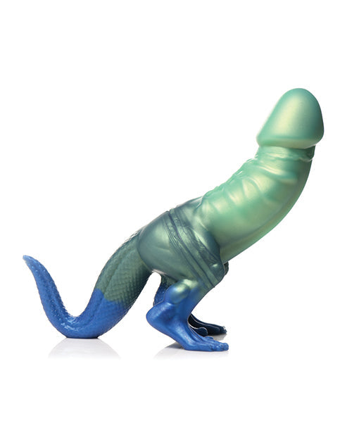 Green and blue toy resembling a worm on a white background