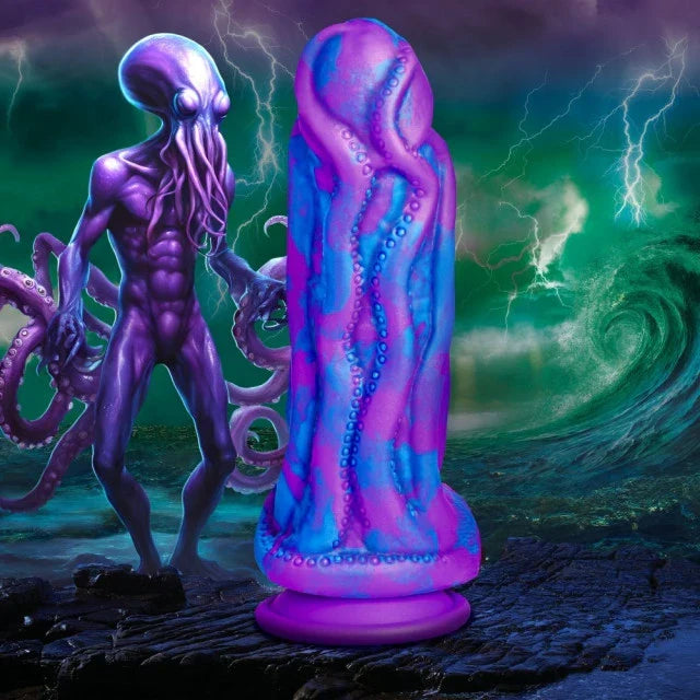 Colorful Cthulhu statue with tentacles against a cosmic background