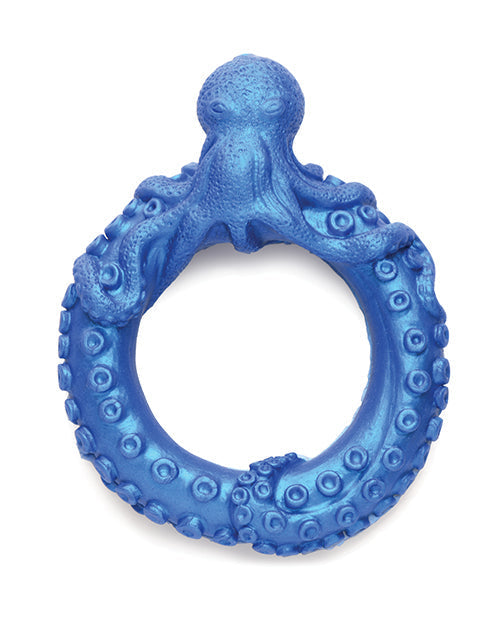Blue octopus-shaped teething ring on a white background