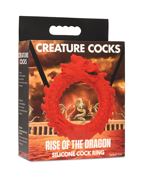 Silicone cock ring packaging with dragon design on a white background