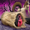Close-up of a dog's mouth with a stylized background featuring a wolf and purple sky.
