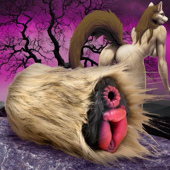 Close-up of a dog's mouth with a stylized background featuring a wolf and purple sky.