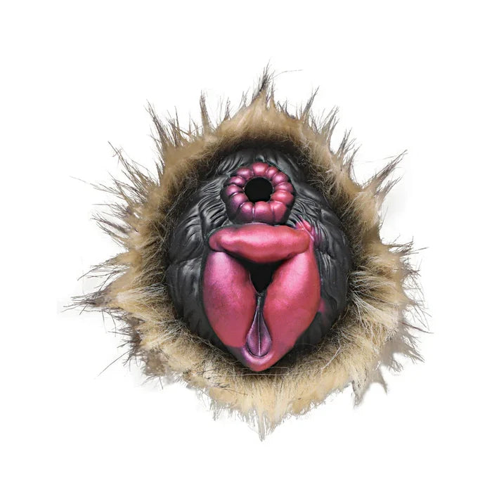 Mask with a furry texture and a pink tongue on a white background