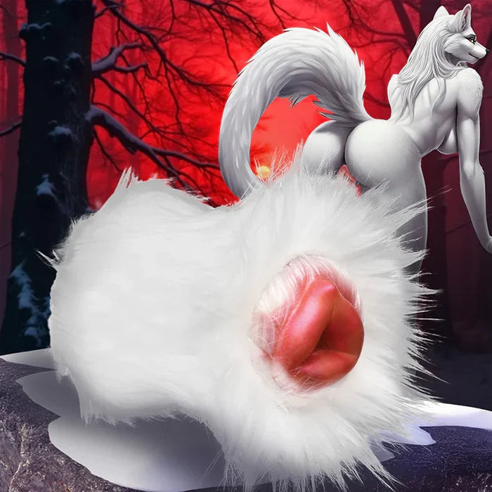 Close-up of a white furry creature with a red interior against a dark, forest-like background.