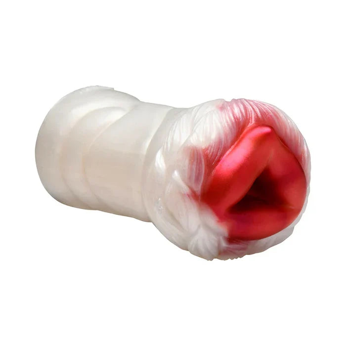 White and red cylindrical object on a white background