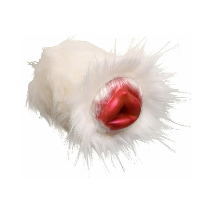 White furry object with a red center on a white background