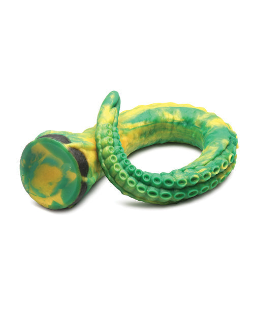 Green and yellow octopus tentacle-shaped object on a white background