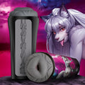 Black cylindrical product with textured design on a purple and pink gradient background featuring an animated character.