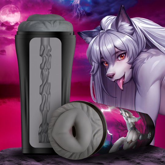Black cylindrical product with textured design on a purple and pink gradient background featuring an animated character.