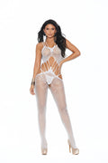 Model wearing a fishnet bodystocking with cut-out design on a white background