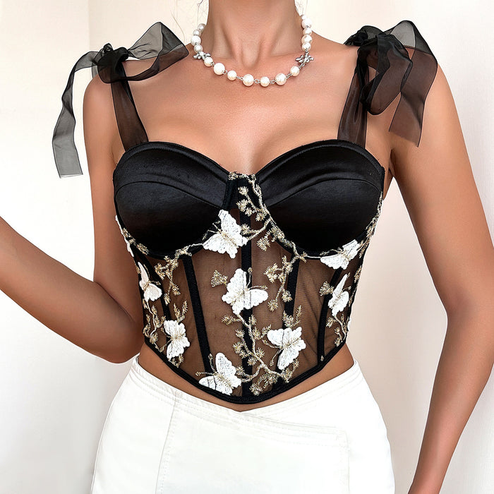 Cross-border  Butterfly Embroidery Fitted Lace-up Spicy Girl Lace Sexy Crop Top