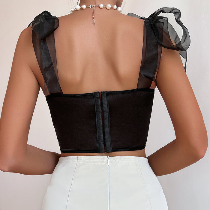 Cross-border  Butterfly Embroidery Fitted Lace-up Spicy Girl Lace Sexy Crop Top