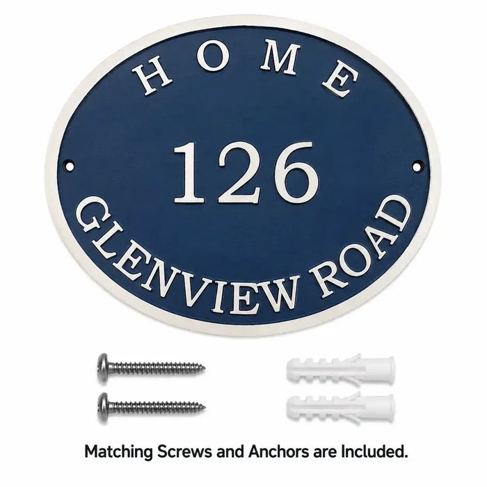 Personalized bronze oval address plaque displayed alongside included mounting hardware on a clean background.