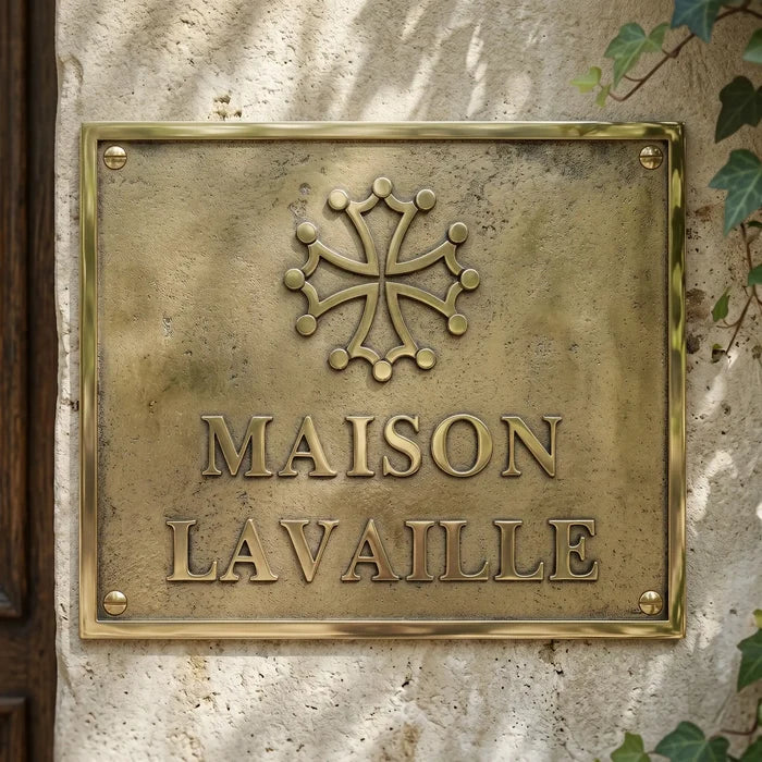 Brass plaque with 'MAISON LAVALLE' on a stone wall