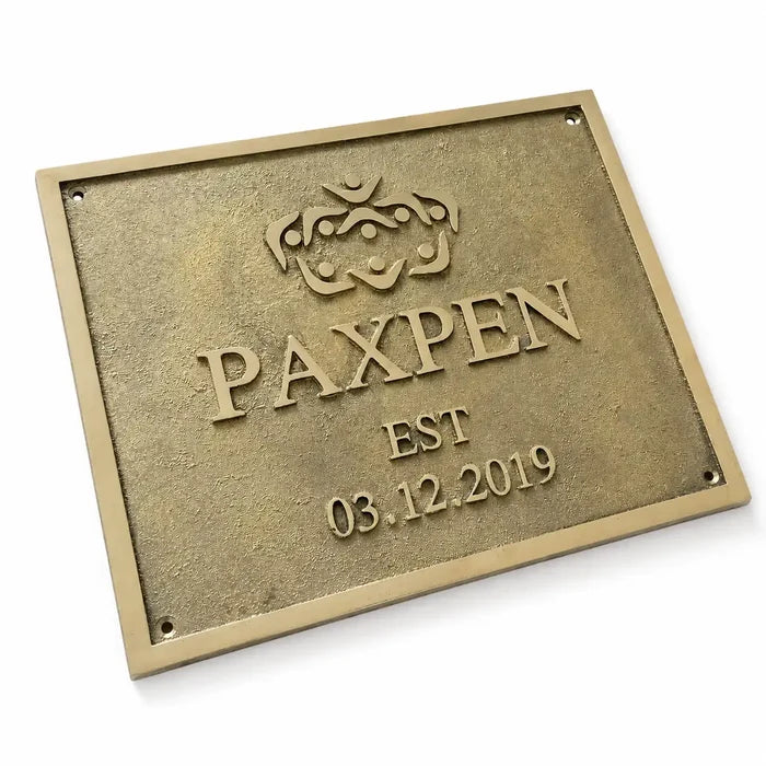 Custom brass wall plaque with engraved address information