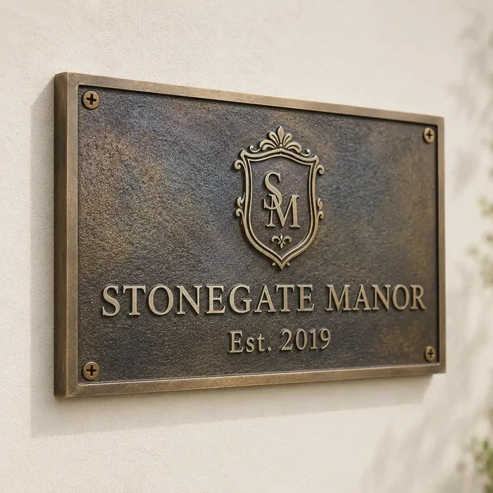 Personalized brass house plaque mounted on an exterior wall.