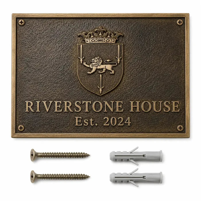 Custom brass address plaque with two mounting screws and two wall anchors arranged for easy wall installation.