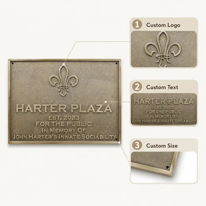 Custom Bronze Memorial Plaque infographic showing a personalized engraved commemorative sign with custom text, size options and mounting details.