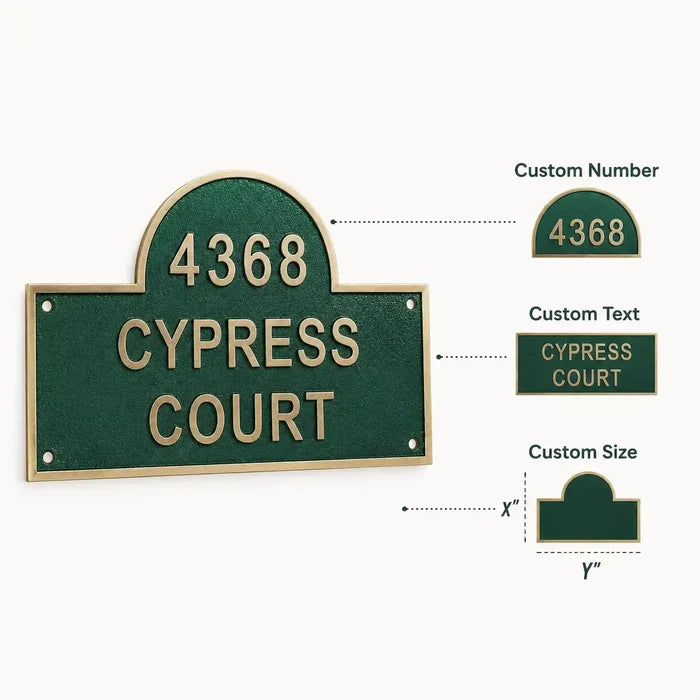 Custom Brass Door Sign feature infographic showing key specifications, personalized design and indoor or outdoor use.