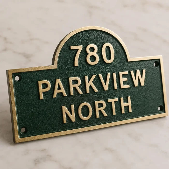 Custom brass address plaque with arched top and personalized house number