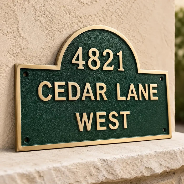 Weather-resistant brass address plaque with custom name and house number