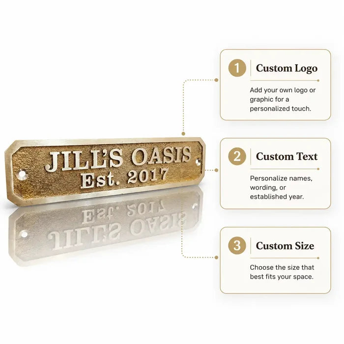 Custom Brass Address Sign infographic showing personalized engraved house number, custom name plaque, size options and mounting details.