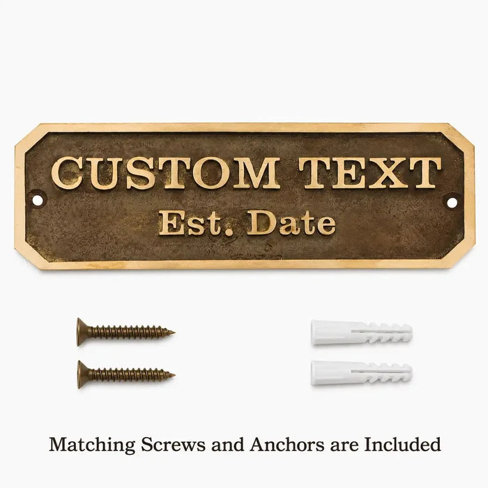 Custom Brass Door Sign displayed with two mounting screws and two wall anchors included for installation.