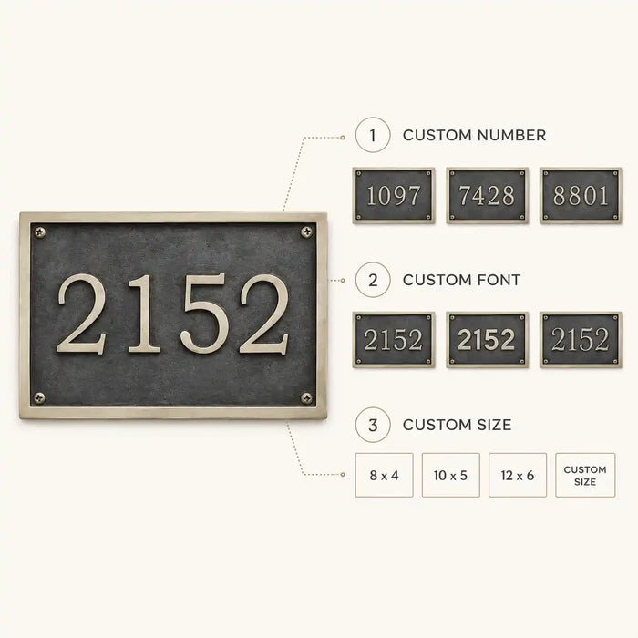 Custom brass address plaque infographic showing personalized house name, number, logo, premium metal finish, custom size options and outdoor use.