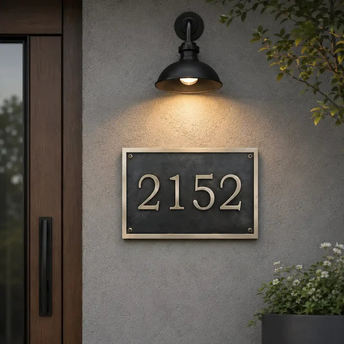 Custom brass house number plaque with engraved address