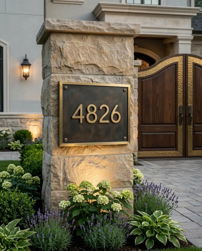 Engraved brass house number sign with custom text