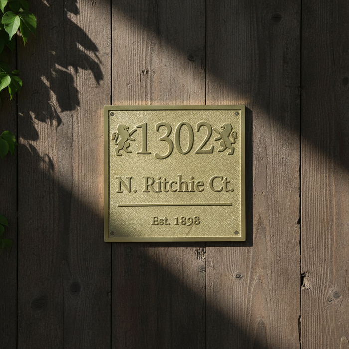 House number sign on a wooden wall with decorative elements