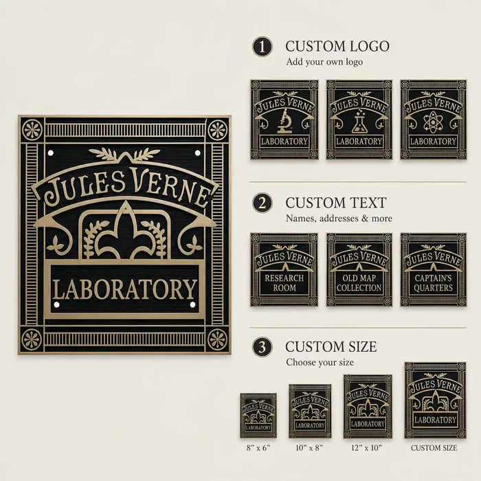 Custom Brass Plaques infographic showing black and silver engraved finish, personalized text, size options and mounting details.