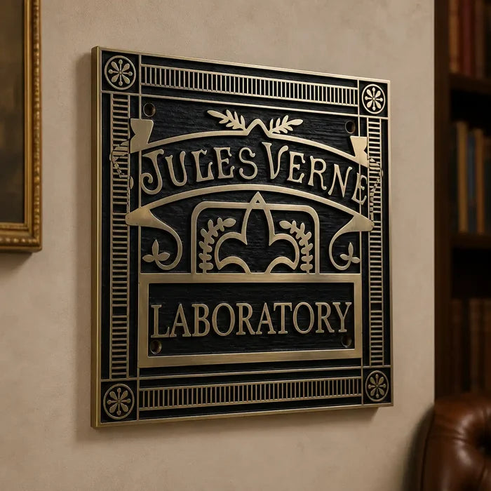 Custom brass plaque featuring black and silver engraved lettering