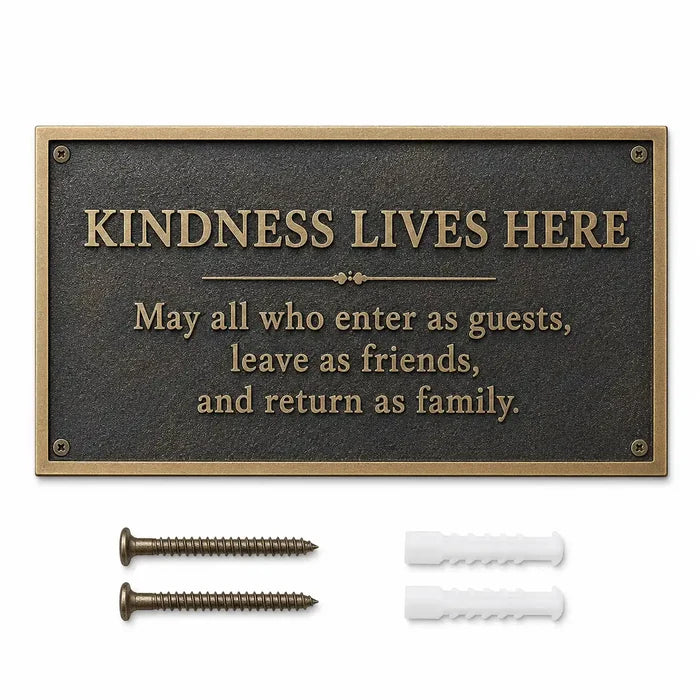 Brass address sign with raised lettering, mounting holes, screws and wall anchors included for installation.