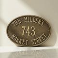 Bronze oval house number sign with 'The Miller's 743 Market Street' text on a white background